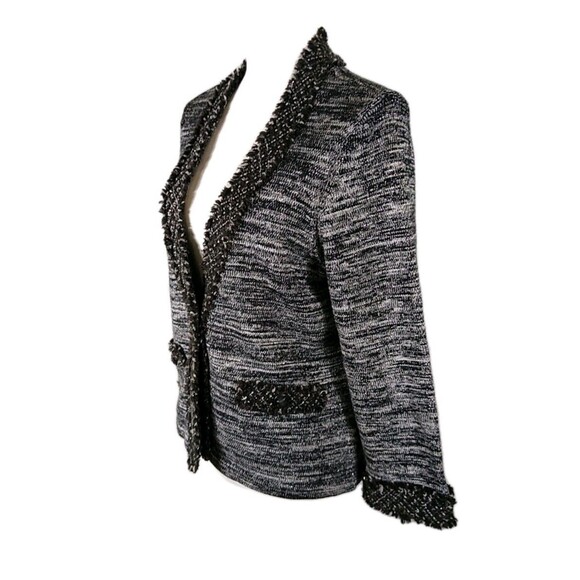 TRIBAL Cardigan Sweater Blazer B&W Marled Yarn w Silver Threads Tweed Trim M - Picture 2 of 10